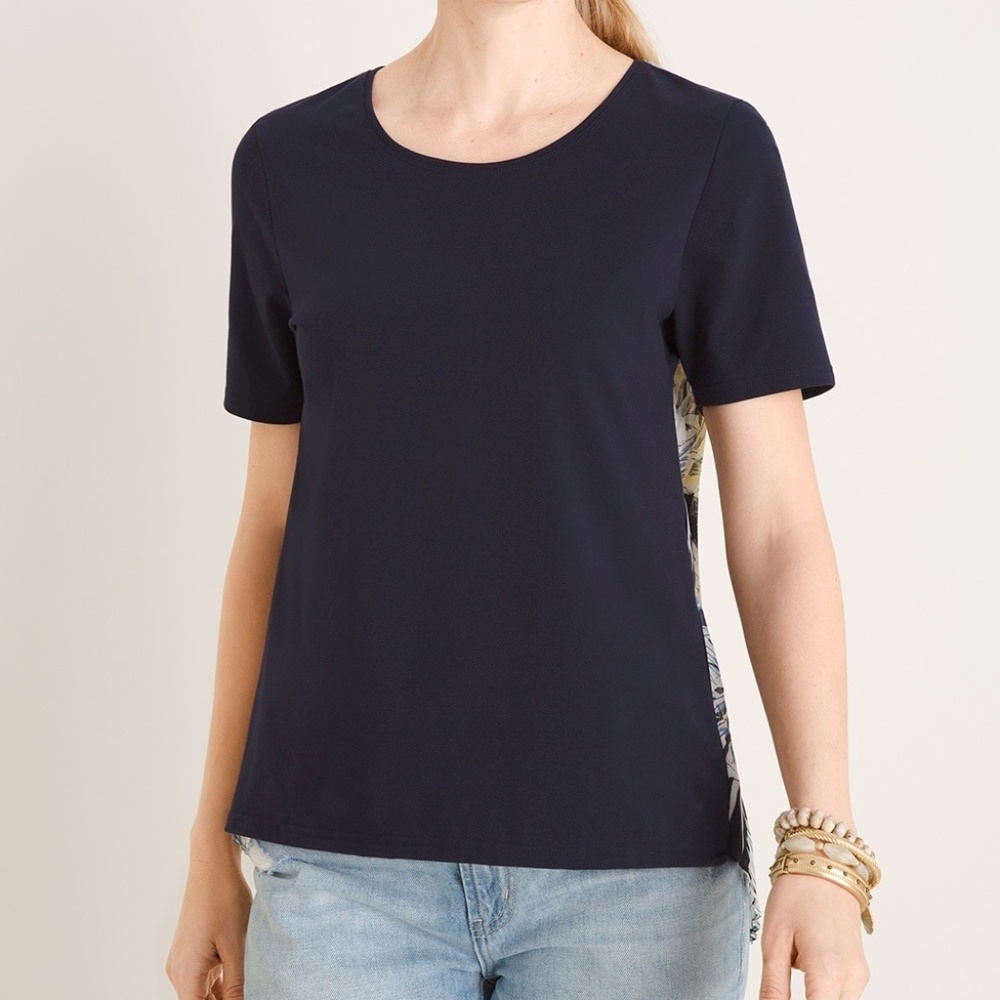 NWT Chico's NAVY Floral Pleat-back Top - Picture 2 of 4